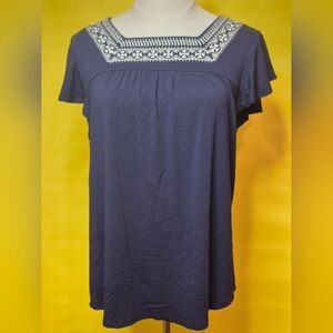 Source Unknown Dark Blue Blouse with White Embroidery